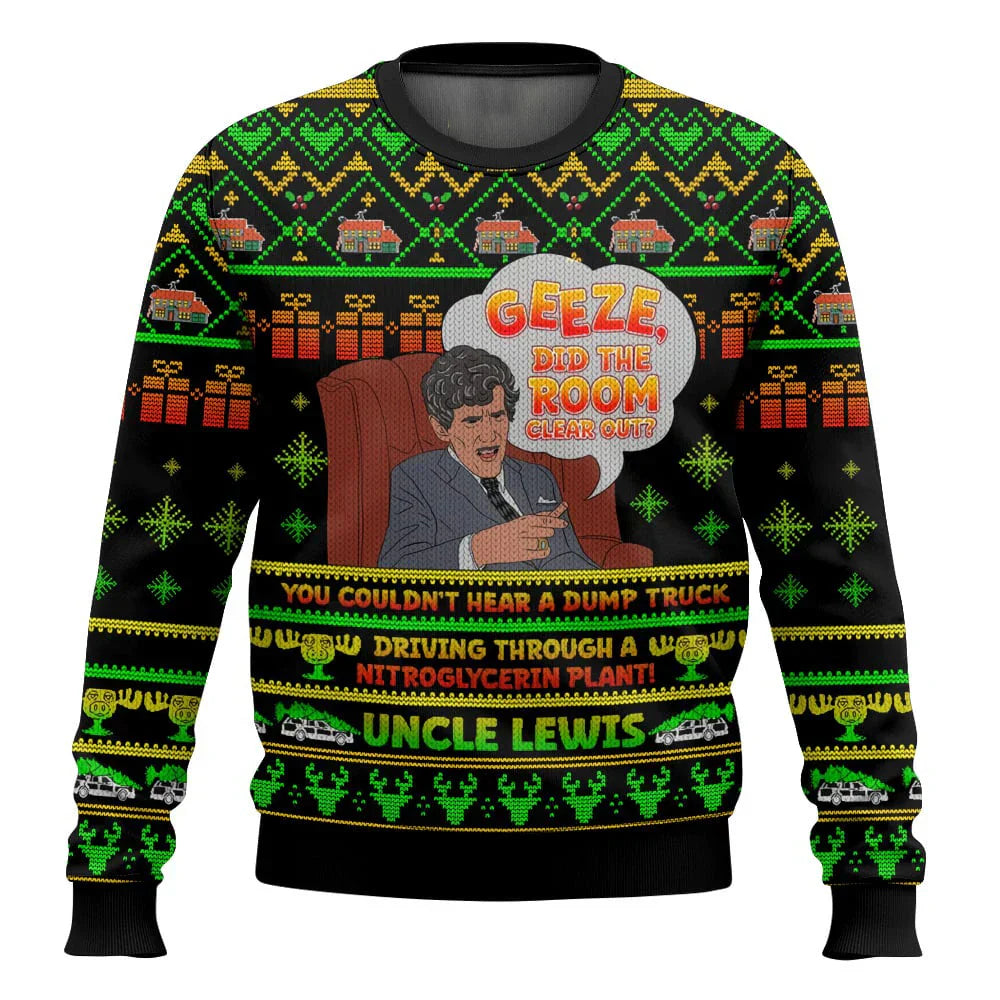 Classic green men's ski theme Christmas sweater, 'shredding through the snow' text, festive and fun.
