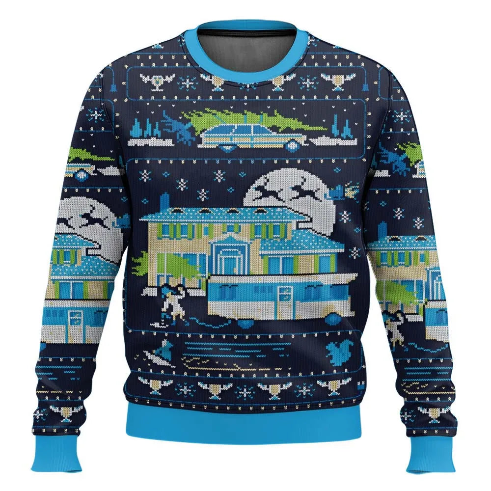 Funny men's Christmas sweater featuring skiers, trees, and 'apres ski' text, perfect holiday apparel.