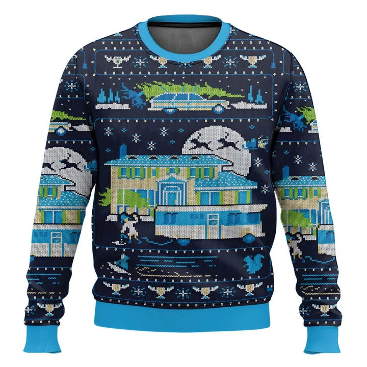 Funny men's Christmas sweater featuring skiers, trees, and 'apres ski' text, perfect holiday apparel.