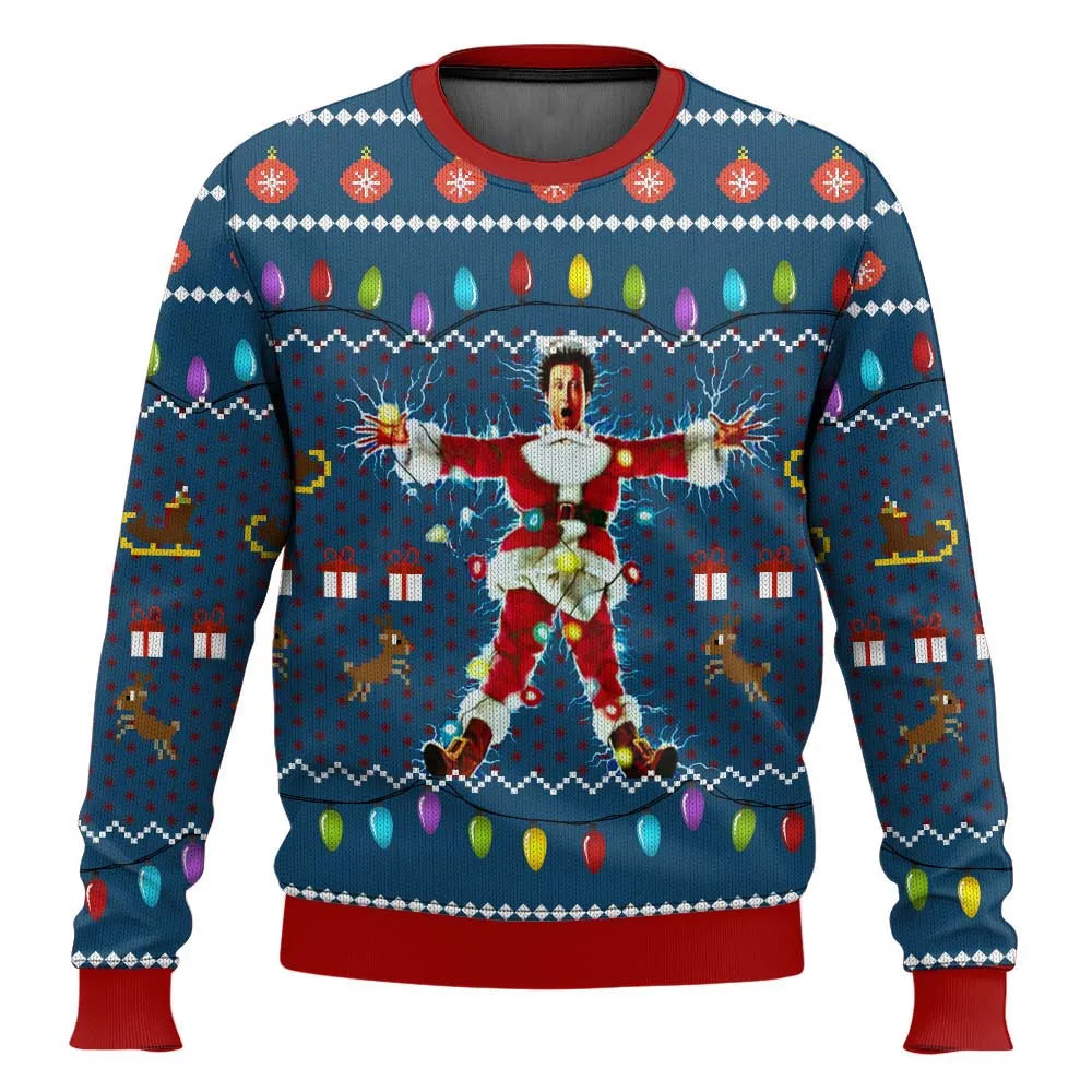 Winter fashion: Men's novelty ski theme Christmas sweater in blue with winter sport graphics.