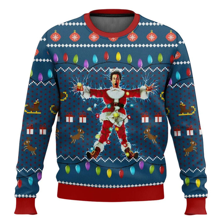Winter fashion: Men's novelty ski theme Christmas sweater in blue with winter sport graphics.