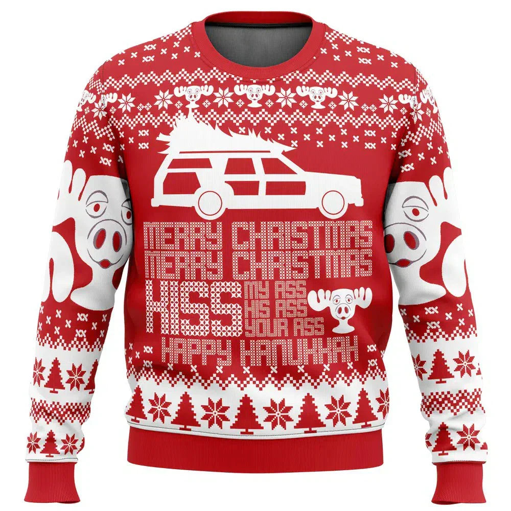 Casual wear men's festive sweater, ski scene with Santa, a great funny Christmas gift idea.
