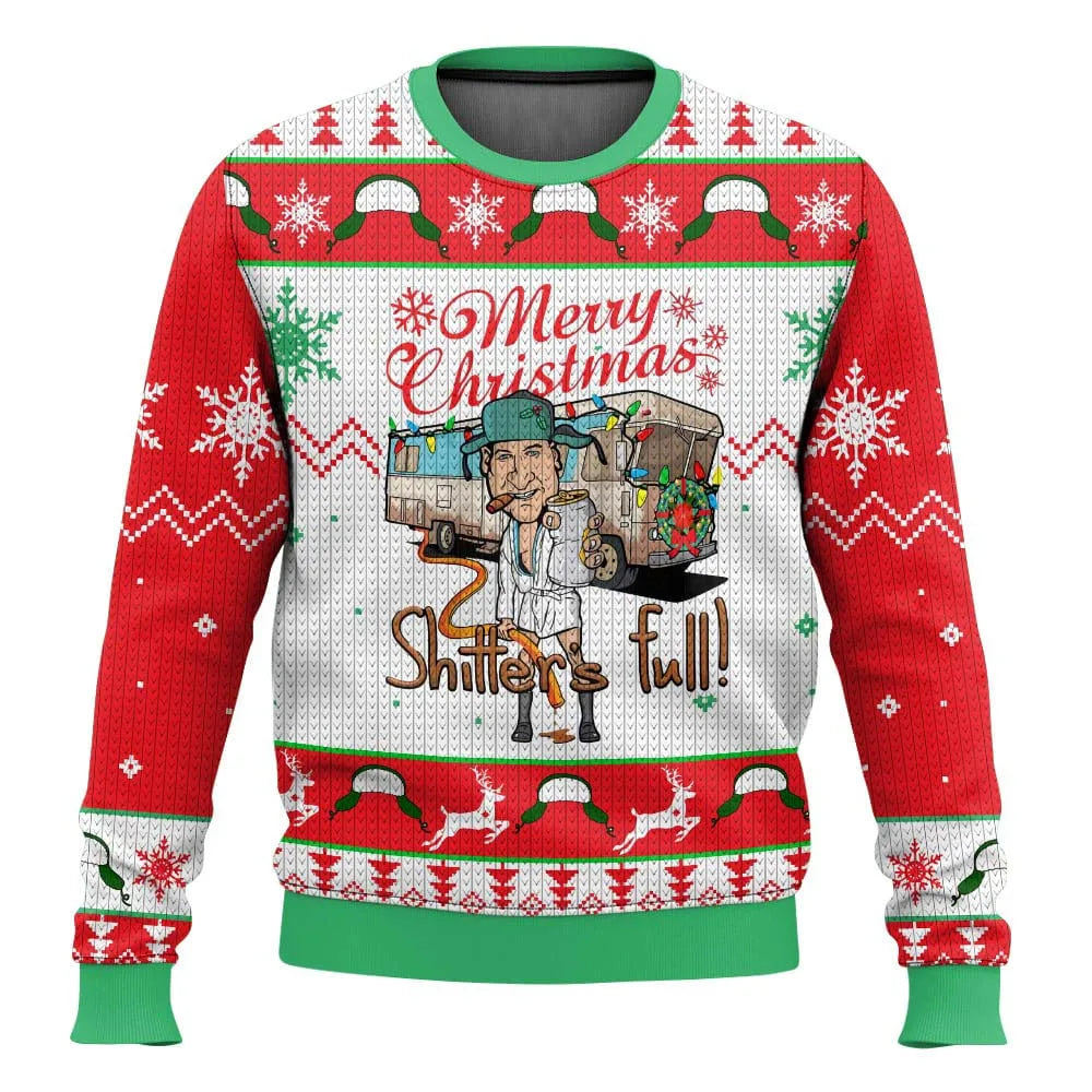 Close-up of knit fabric on a men's funny ski theme Christmas sweater with intricate designs.