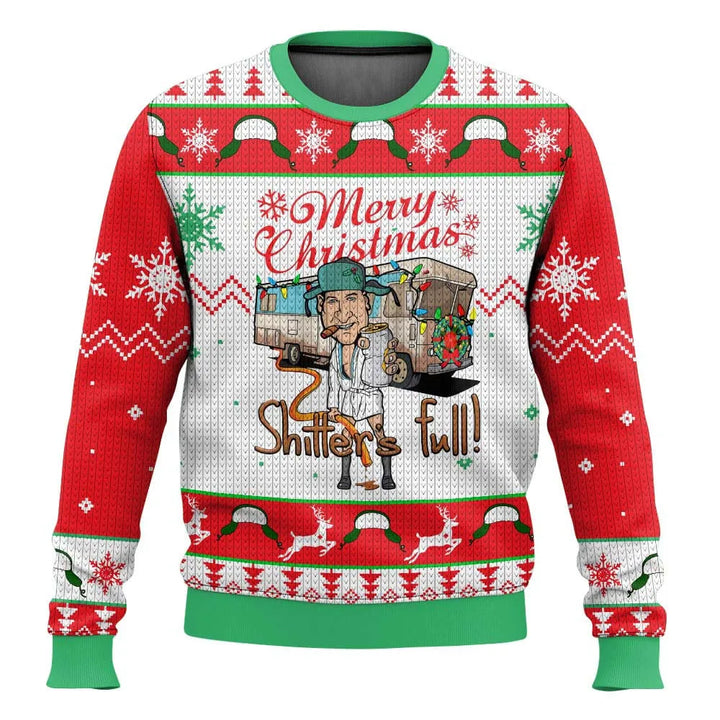 Close-up of knit fabric on a men's funny ski theme Christmas sweater with intricate designs.