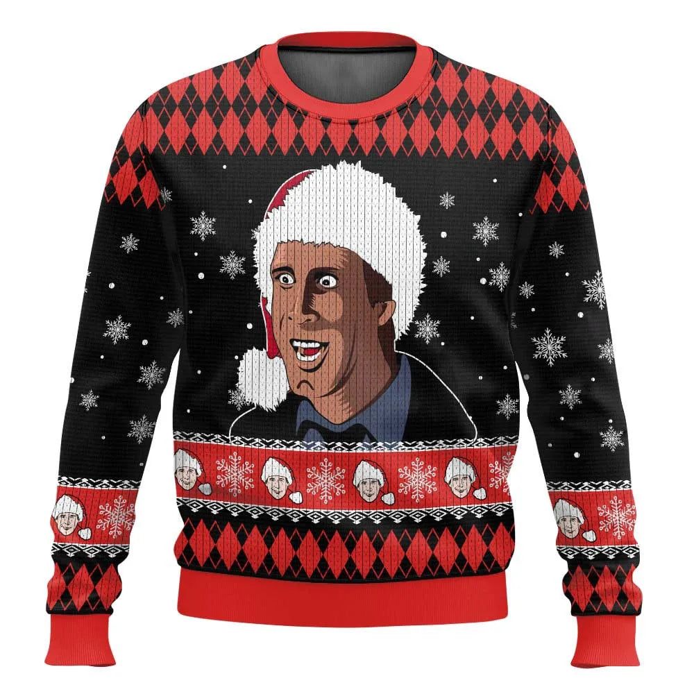 Crew neck men's festive Christmas sweater, ski slope design with snowmen, perfect for holiday parties.