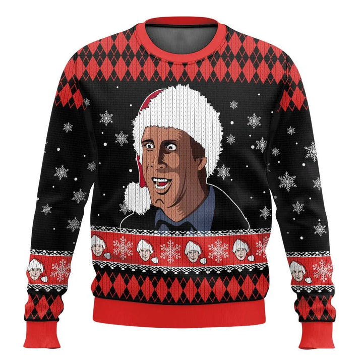 Crew neck men's festive Christmas sweater, ski slope design with snowmen, perfect for holiday parties.