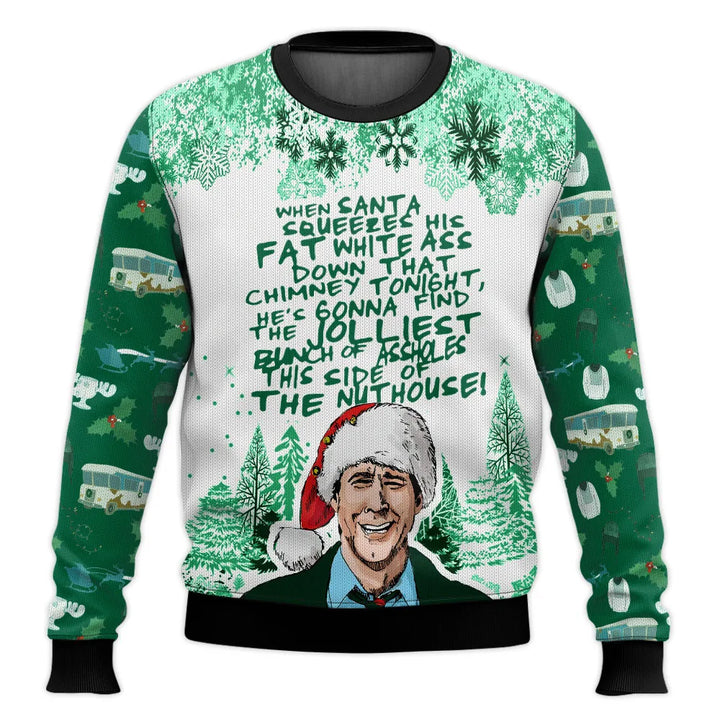 Full shot of a model wearing a men's red ski theme funny Christmas sweater, ideal winter gift.