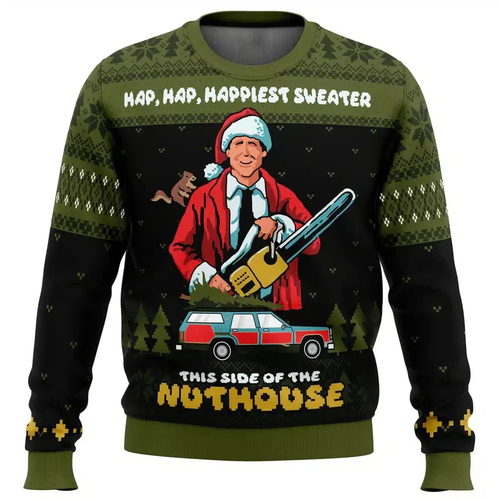 Detail of embroidery on a men's ski theme Christmas sweater, featuring a vintage ski lodge scene.