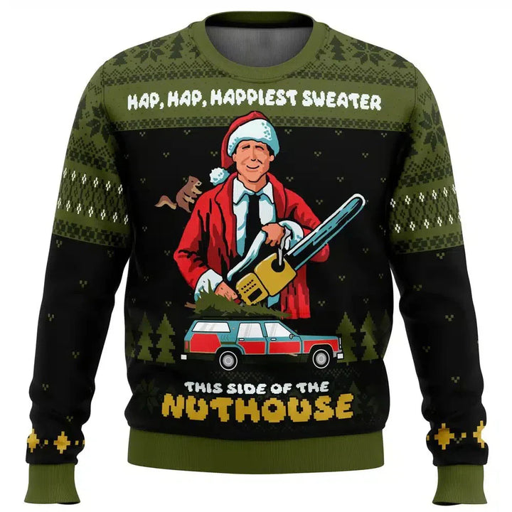 Detail of embroidery on a men's ski theme Christmas sweater, featuring a vintage ski lodge scene.