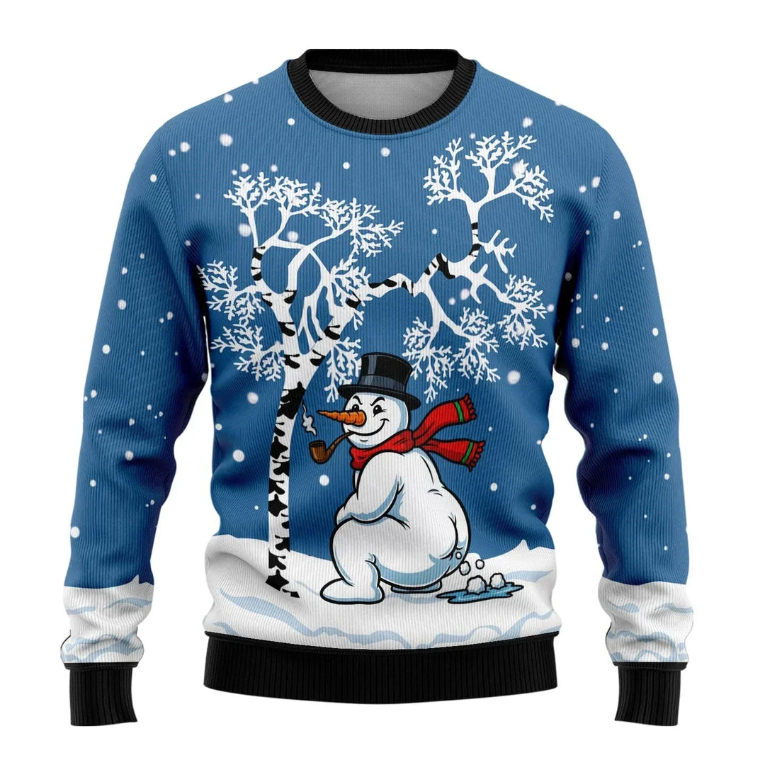 Men's festive snowman print Christmas sweater, long sleeve casual winter top