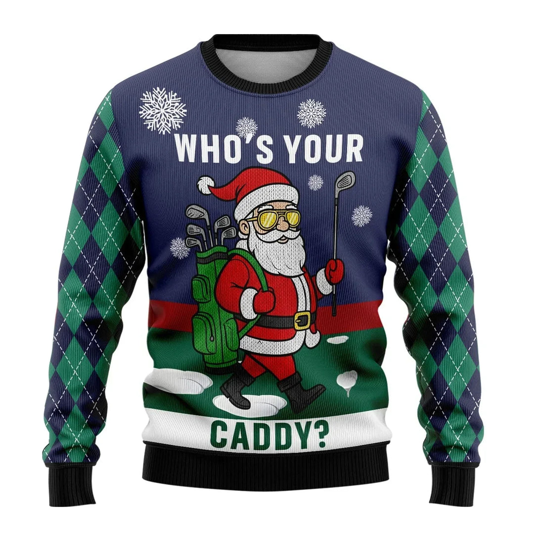 Close-up of snowman print on men's holiday Christmas sweater, winter fashion