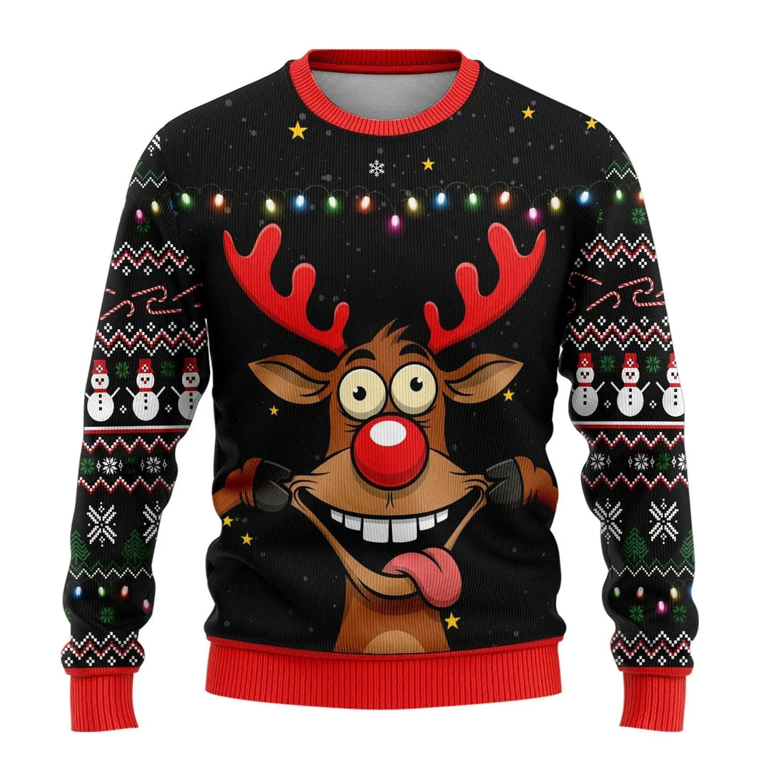 Stylish man wearing festive snowman print Christmas sweater, casual long sleeve