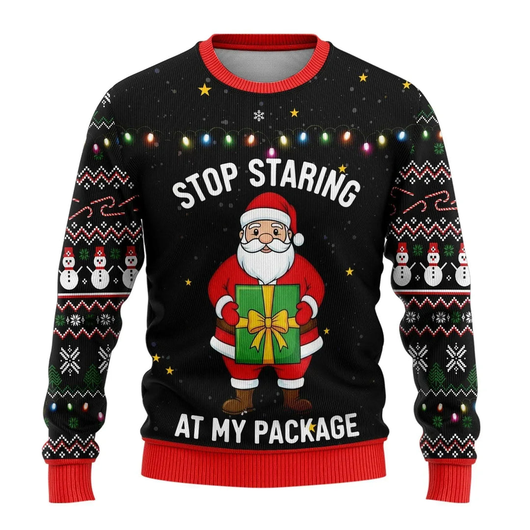 Blue men's festive snowman print Christmas sweater, ideal for winter gatherings