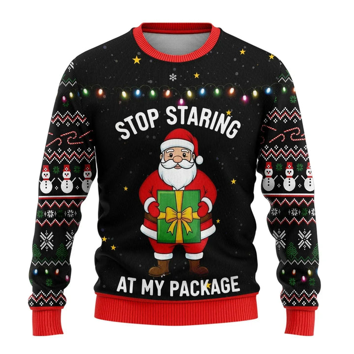 Blue men's festive snowman print Christmas sweater, ideal for winter gatherings