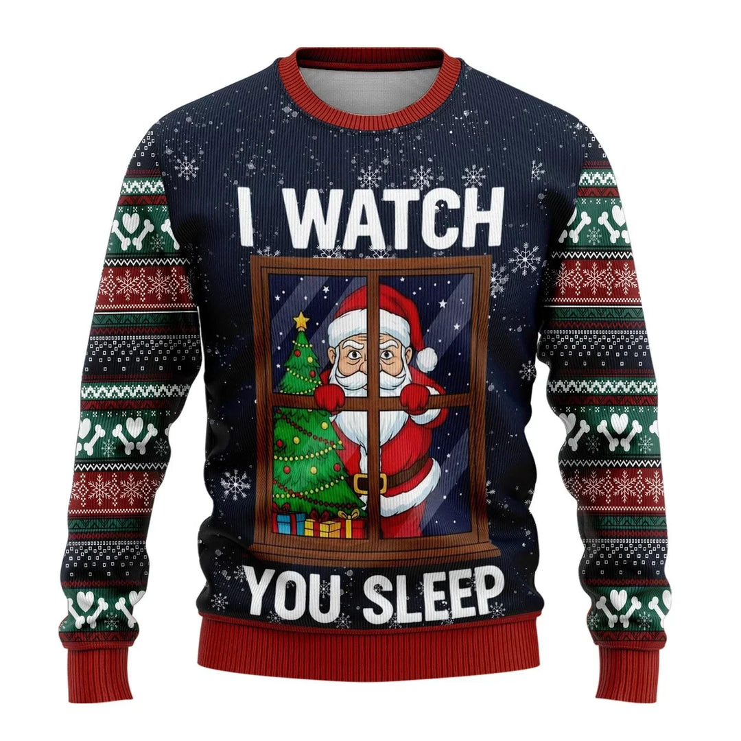 Detailed view of the fabric and snowman design on men's winter Christmas sweater
