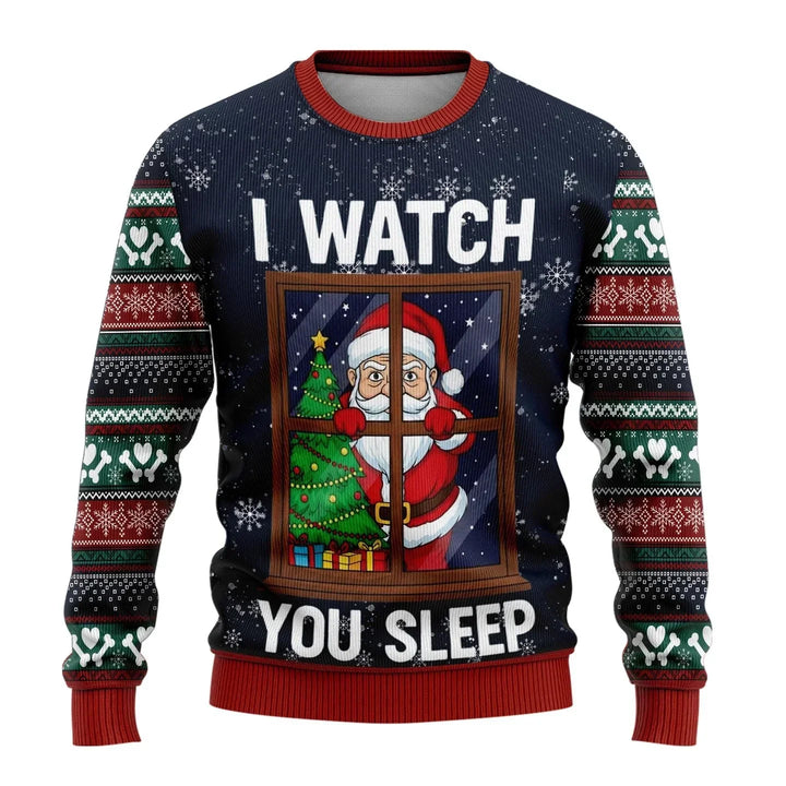 Detailed view of the fabric and snowman design on men's winter Christmas sweater