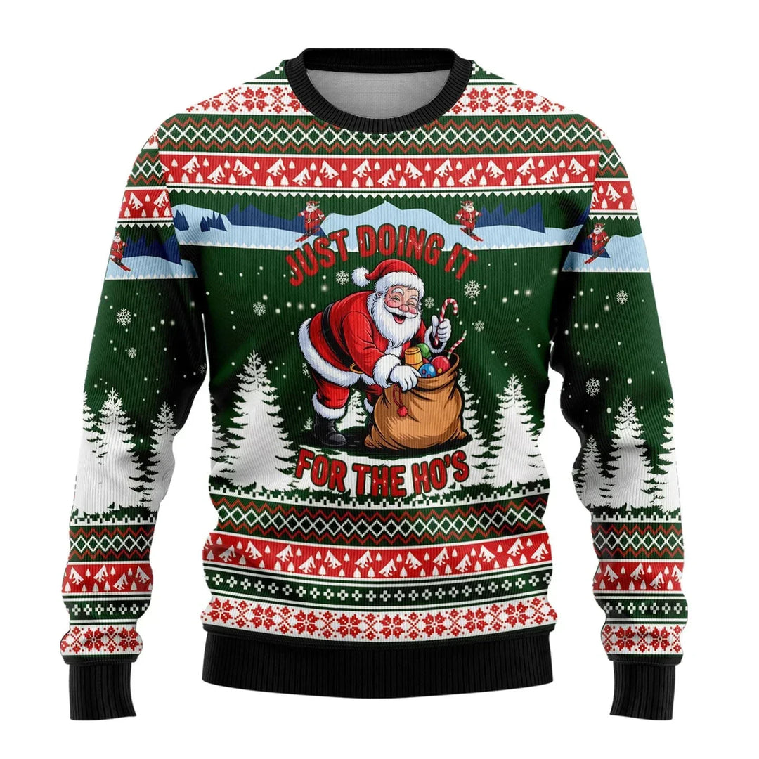 Front view of men's festive snowman print Christmas sweater for holiday fashion