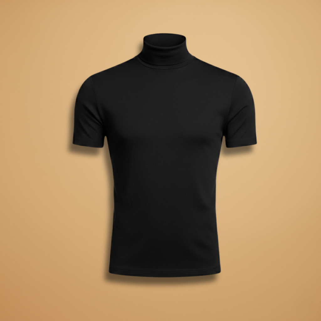 Men's fitted roll neck t-shirt, short sleeve for style & comfort.