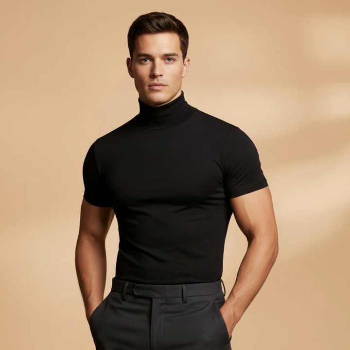 Stylish men's slim fit roll neck tee, perfect for casual wear.