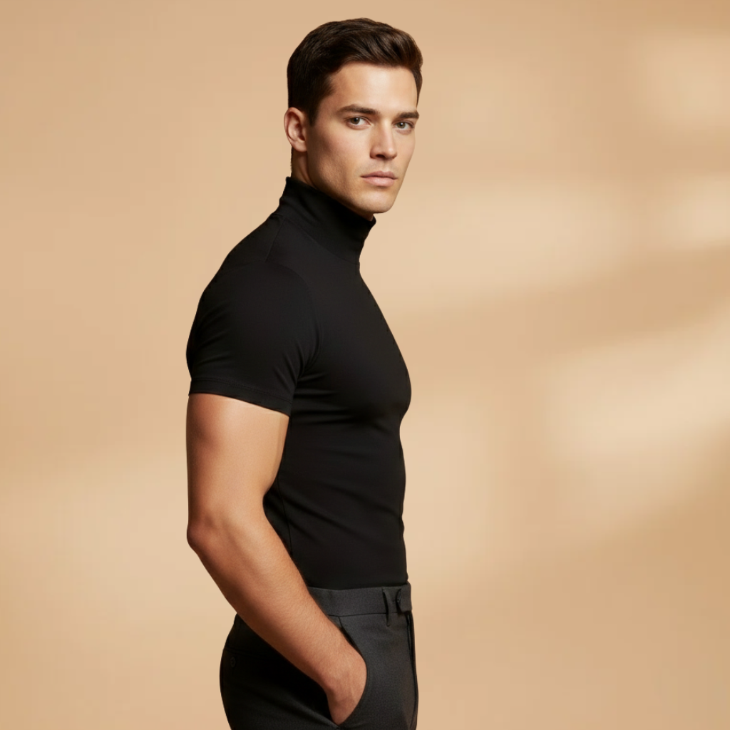 Comfortable men's high neck t-shirt, versatile for layering.