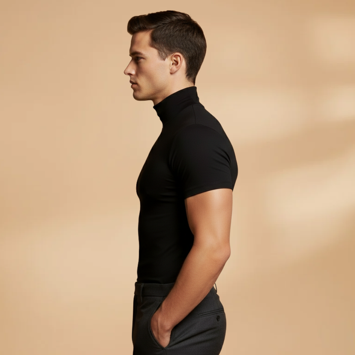 Classic men's fitted short sleeve roll neck top, a stylish essential.