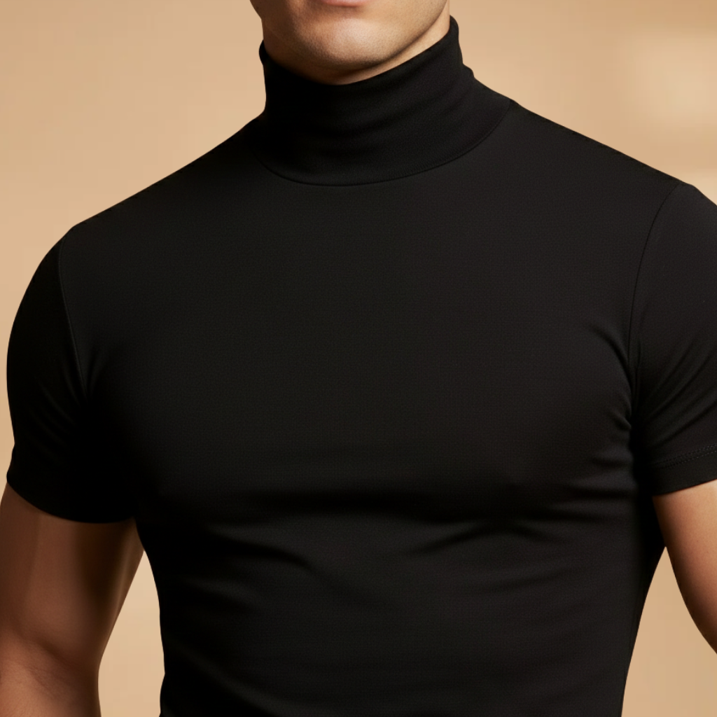 Men's stylish fitted roll neck t-shirt, short sleeve for daily wear.