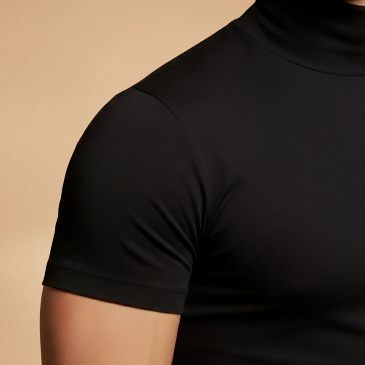 Versatile men's roll neck tee, ideal for layering or a sleek look.