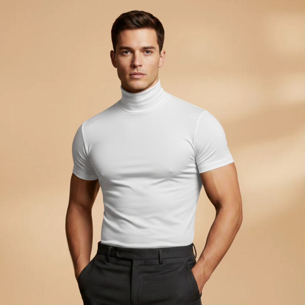 Fashionable men's fitted high neck t-shirt, a classic short sleeve top.