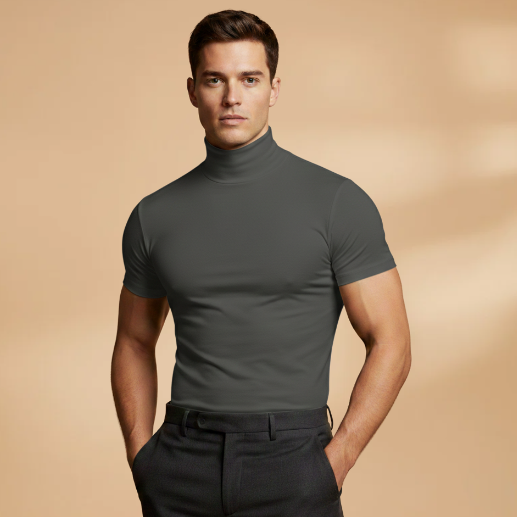 Men's comfy fitted roll neck short sleeve t-shirt, stylish and versatile.