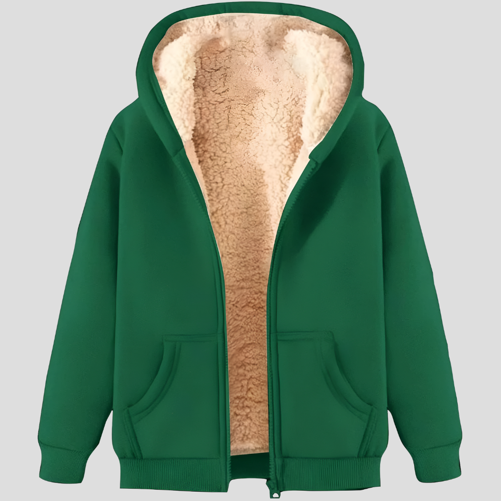 Back view of a men's navy blue fleece-lined winter zip-up hoodie, ideal for outerwear