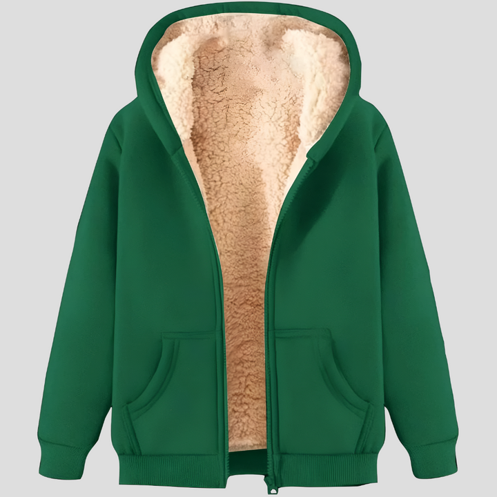 Back view of a men's navy blue fleece-lined winter zip-up hoodie, ideal for outerwear