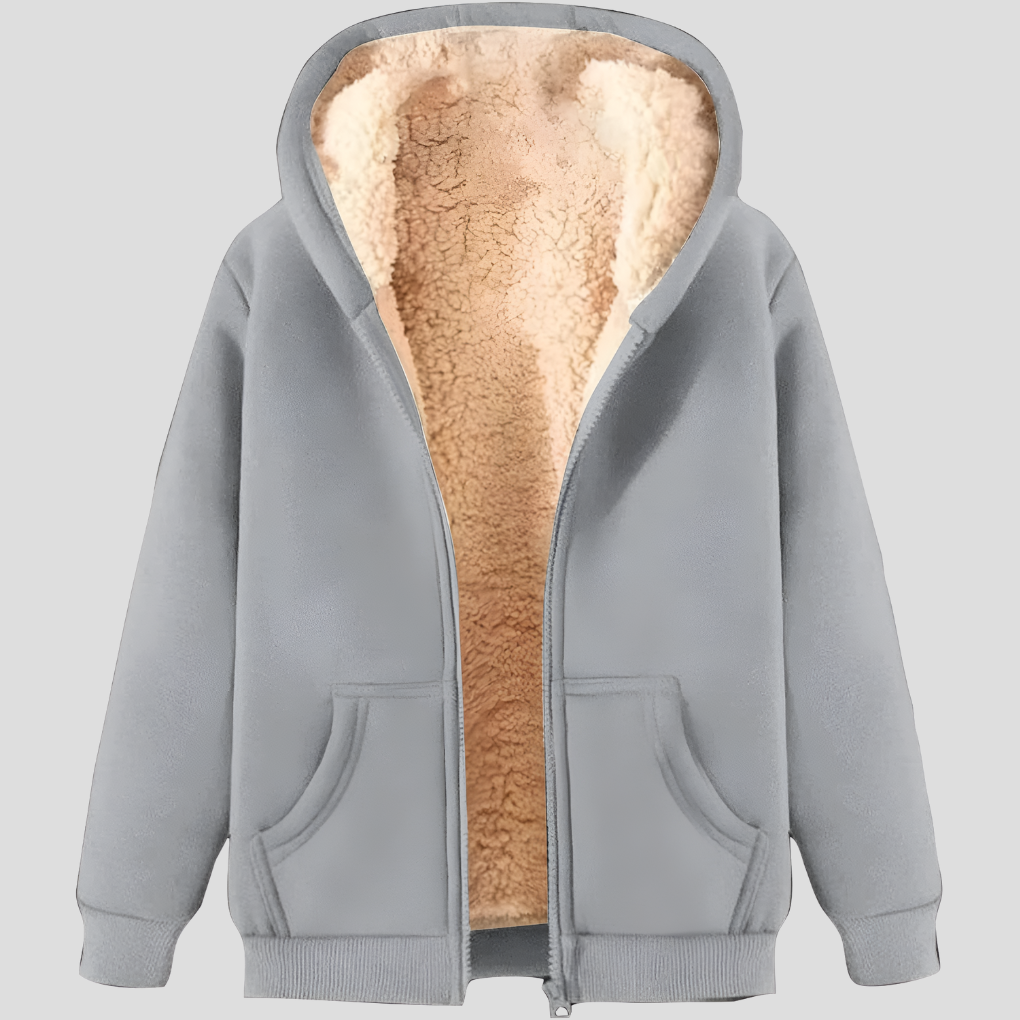 Folded men's brown fleece-lined winter zip-up hoodie, showcasing its thickness and warmth, casual wear
