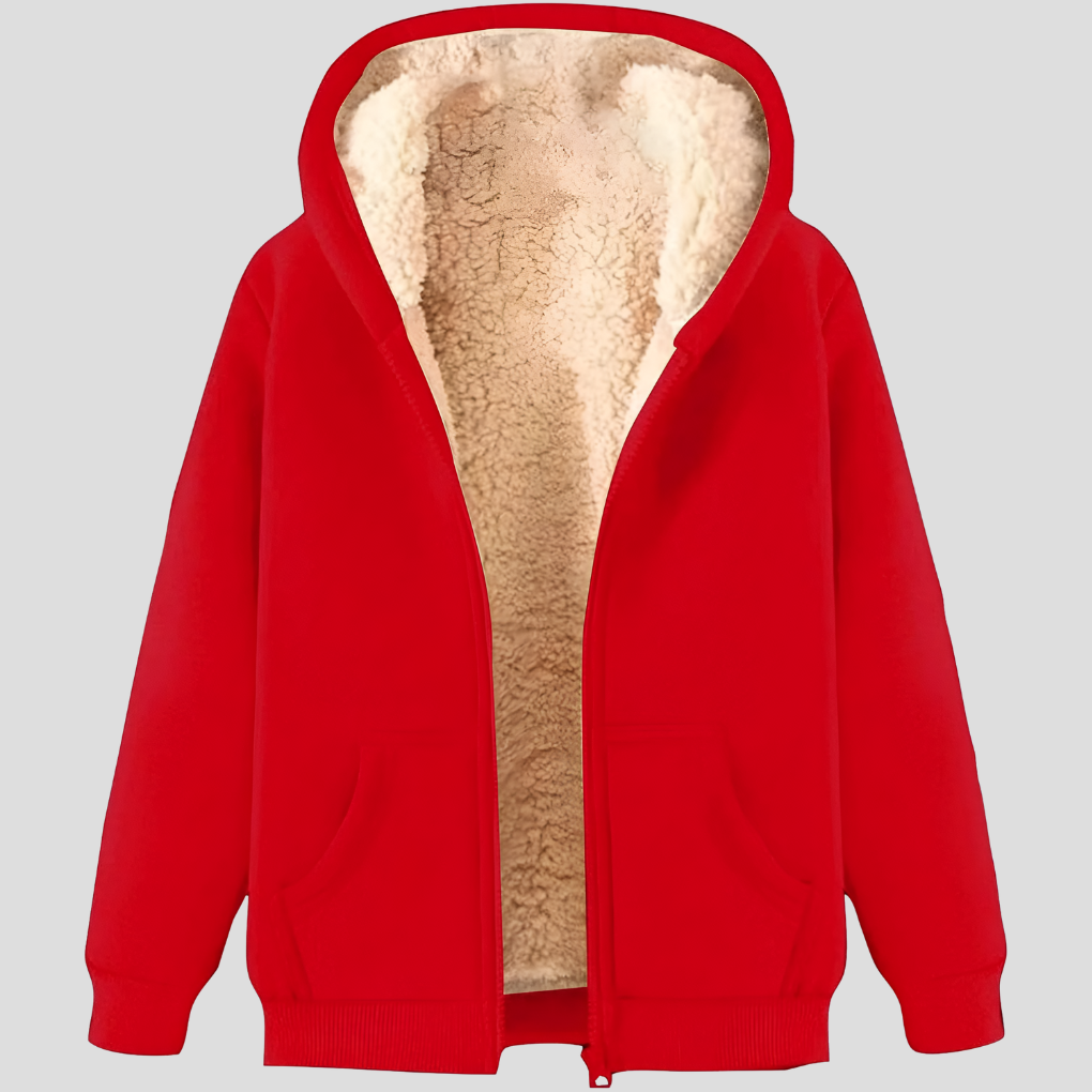 Men's fleece-lined winter zip-up hoodie with hood up, protecting from cold weather, functional design