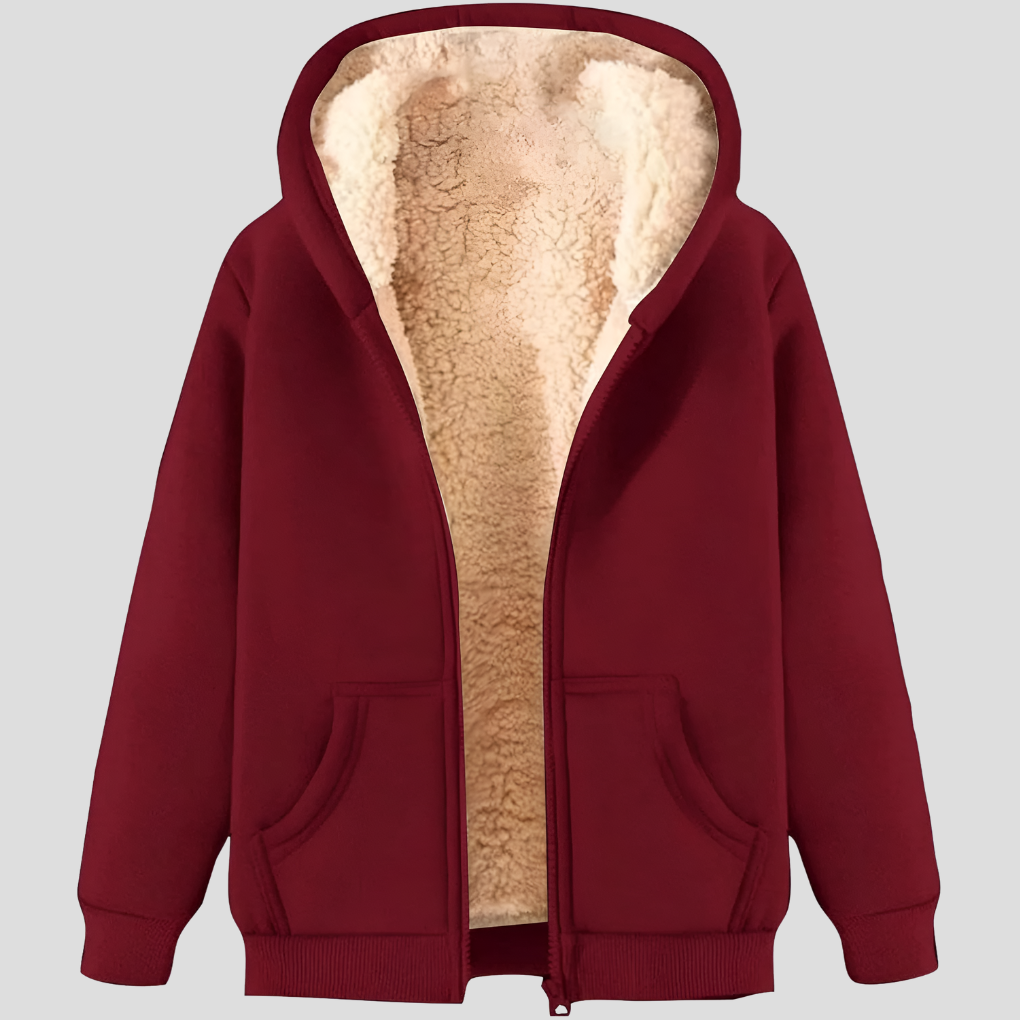 Detailed shot of pocket on a men's fleece-lined winter zip-up hoodie, practical casual jacket