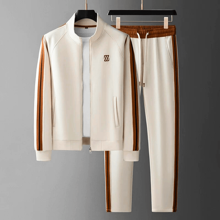 Modern men's sporty tracksuit set. Flexible performance activewear for gym, lounging & streetwear.