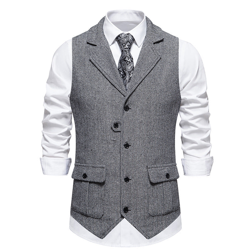 Modern men's formal vest, an essential piece for groomsmen and corporate office environments.