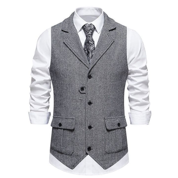 Modern men's formal vest, an essential piece for groomsmen and corporate office environments.