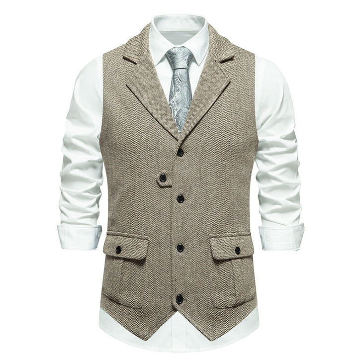 Refined men's wedding vest, also fitting for professional office settings, with a polished finish.