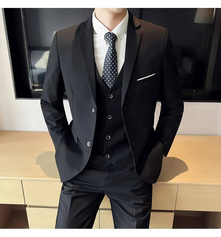 Men's three-piece formal suit, notch lapel detail. Perfect for weddings, formal & business.