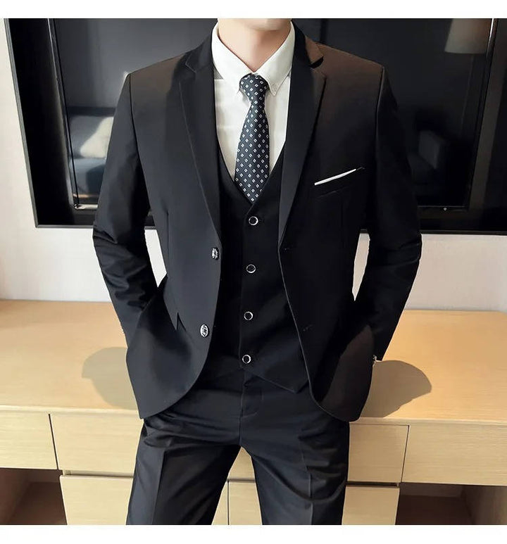 Men's three-piece formal suit, notch lapel detail. Perfect for weddings, formal & business.