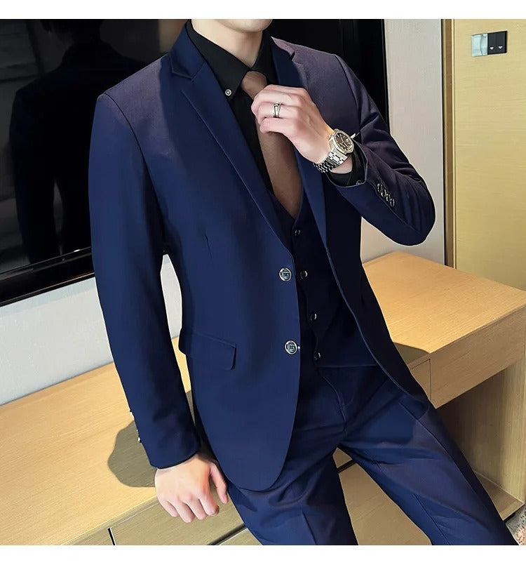 Stylish men's formal wear: three-piece suit with notch lapel. Essential for office fashion.