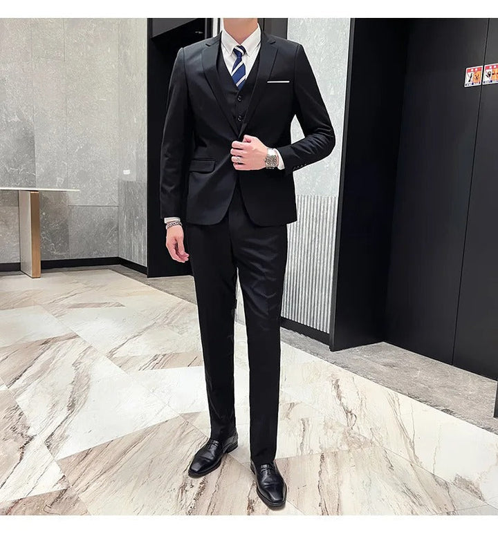 Elegant men's business suit, three-piece with notch lapel. Tailored for formal and office use.
