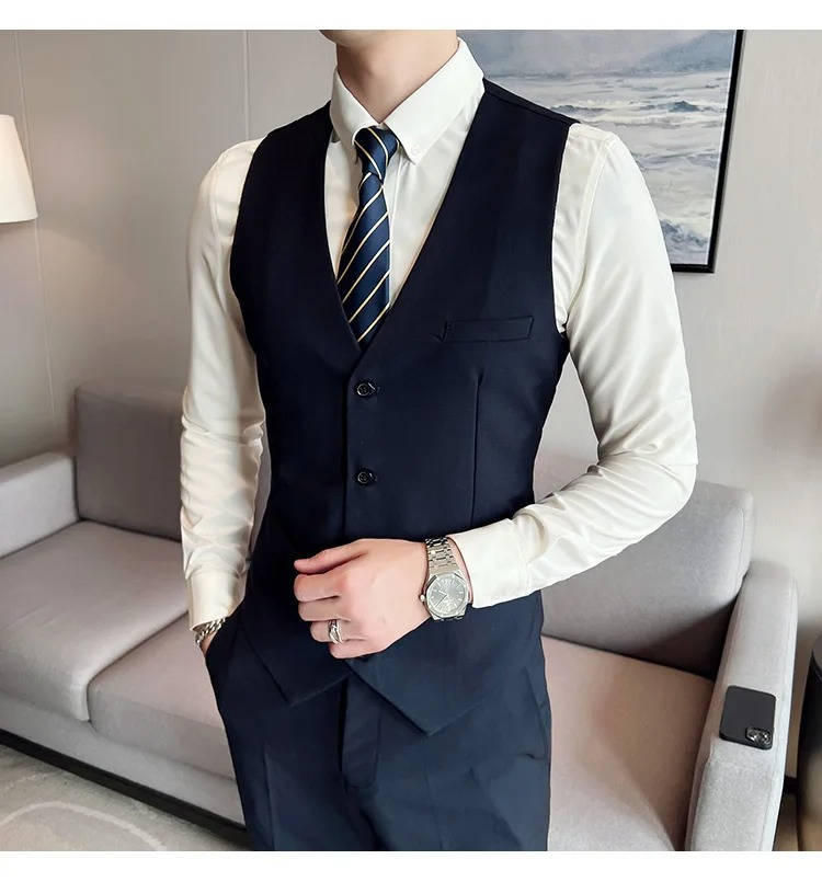 Men's sophisticated three-piece suit, notch lapel. Perfect formal wear for elegant events.