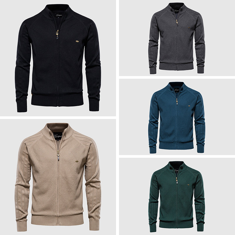 Men's full zip cardigan sweater in a neutral color, offering versatile layering comfort for any occasion.
