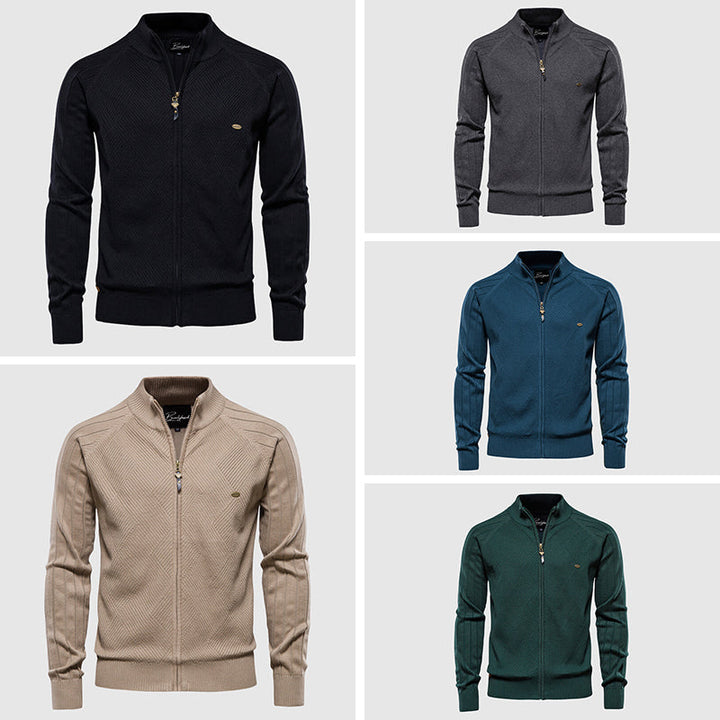 Men's full zip cardigan sweater in a neutral color, offering versatile layering comfort for any occasion.