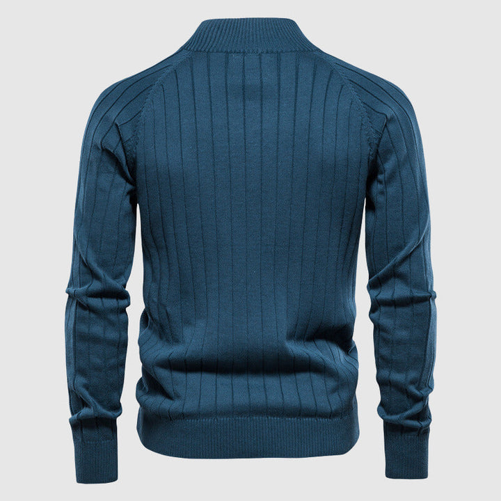 Comfortable men's knitwear full zip sweater, ideal for fall fashion and warm winter attire.