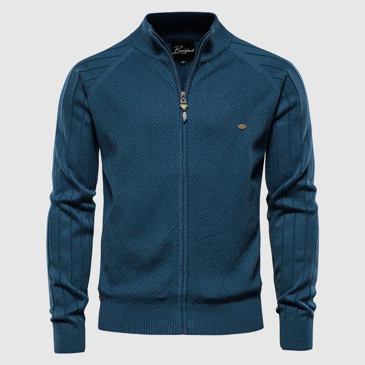 Classic men's full zip cardigan, a durable and comfortable layering sweater for smart-casual style.