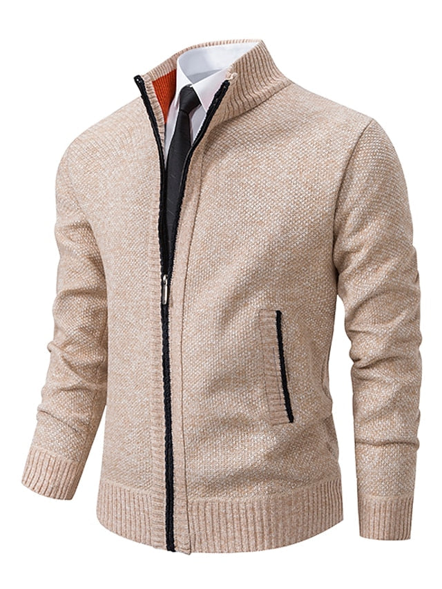 Men's full-zip cardigan with stylish plaid accent, stand collar & pockets. Perfect for fall/winter layering.