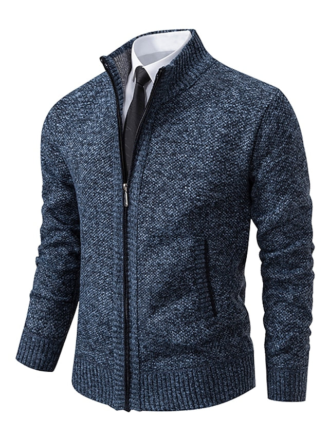 Stylish men's outerwear cardigan. Full-zip design with a trendy plaid accent, ideal for smart layering.
