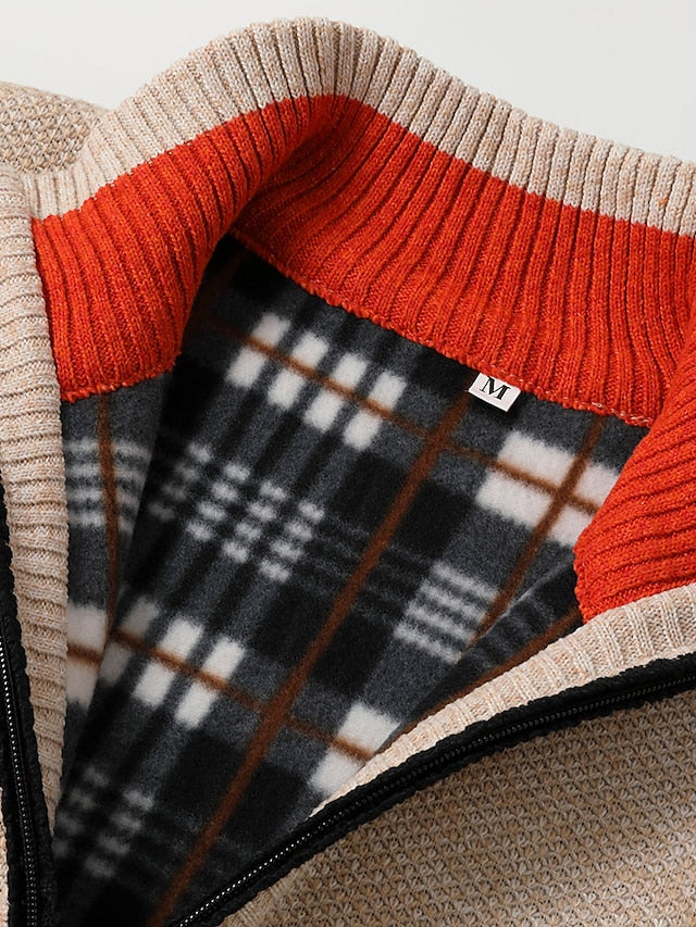 Stylish men's full-zip cardigan sweater for smart casual or casual wear. Features a unique plaid accent.